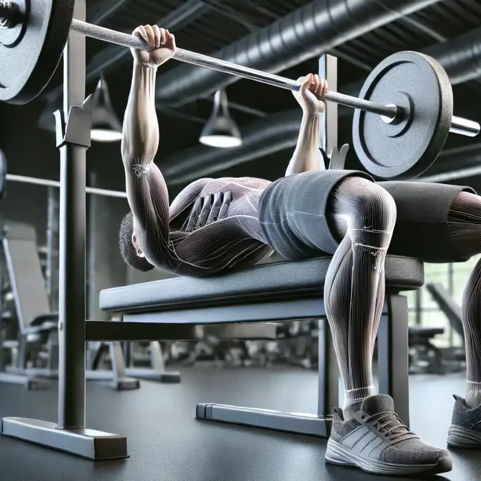 DALL·E 2024-10-19 14.59.39 - A detailed image of a person performing a flat bench press in a gym setting, focusing on the correct form. The person is lying on a bench, lifting a b